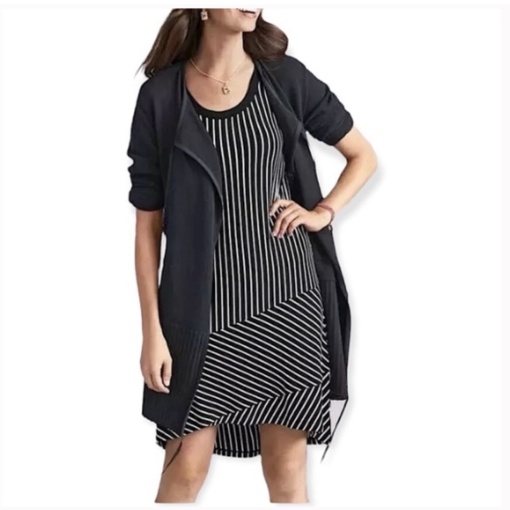 CAbi Black and White Striped Fit-and-Flare Dress